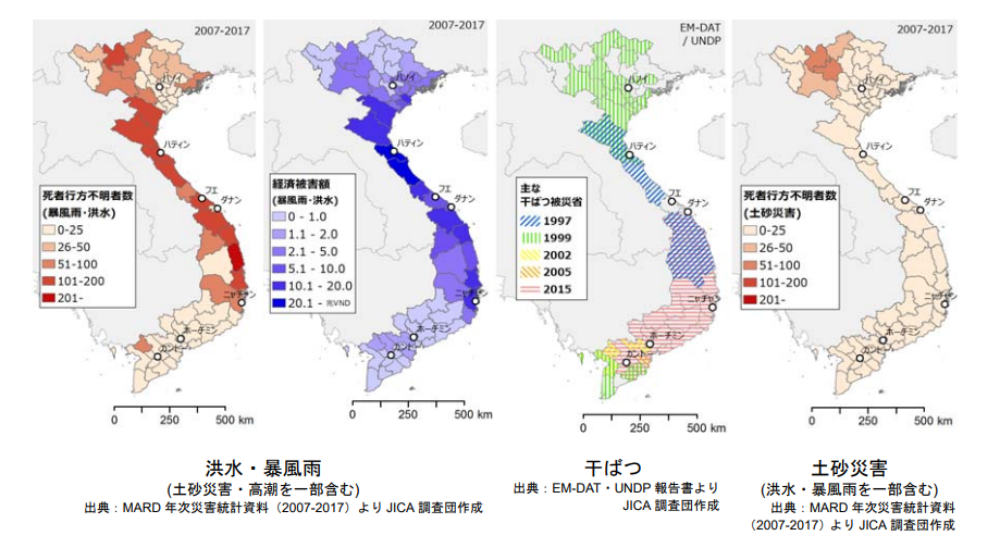 JICA提供の洪水・干ばつ・土砂災害の地域分布図（2018年）